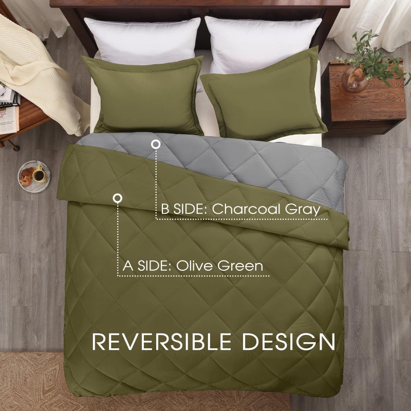 Basic Beyond King Size Comforter Set - Olive Green Comforter Set King, Reversible King Bed Comforter Set for All Seasons, 1 Comforter (104"x92") and 2 Pillow Shams (20"x36"+2") - Image 3